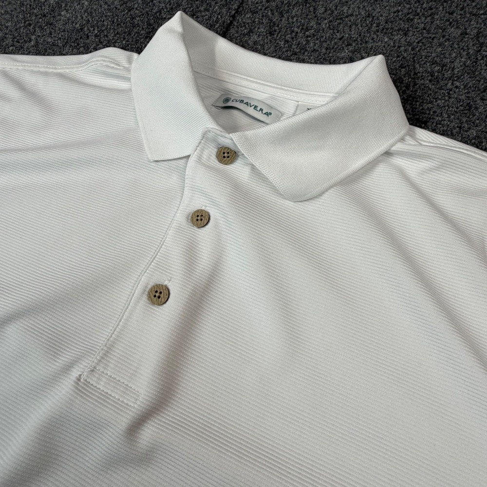 VTG Cubavera Mens Size XL White Ribbed Short Sleeve Polo Shirt Wood Buttons